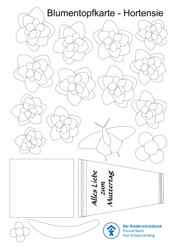 Bastelbogen Blumentopfkarte Seite 2 - Hortensie zum Ausmalen
