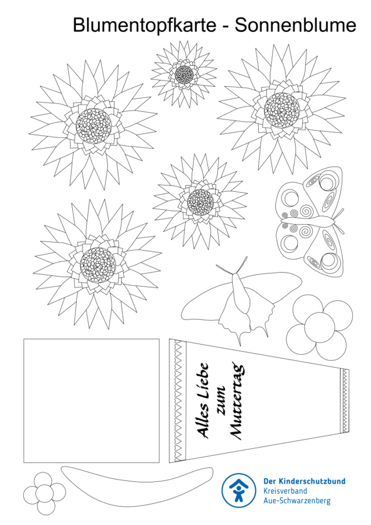Bastelbogen Blumentopfkarte Seite 2 - Sonnenblume zum Ausmalen